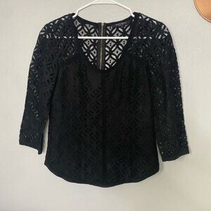 Nannette Lepore Black Lace 3/4 sleeve Fitted Top Size 4